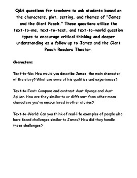 Preview of Reader's Theater: James and the Giant Peach Follow Up Questions