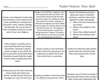 Preview of Readers Response Choice Board- Gifted and Talented or Classroom Differentiation