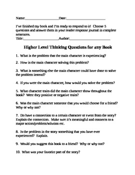 Preview of Readers Response Journal Higher Level Question Prompts Common Core