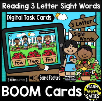 Preview of Reading 3 Letter Sight Words BOOM Cards:  Summer Strawberry Patch Theme