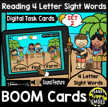 Preview of Reading 4 Letter Sight Words(SET 2) BOOM Cards:  Summer Luau Theme