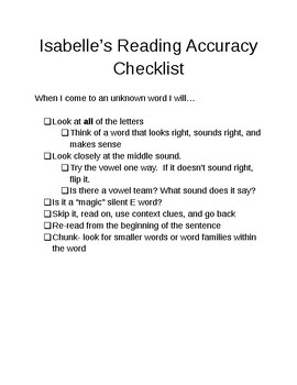 Preview of Reading Accuracy Checklist for Unknown Words