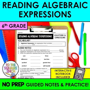 Preview of Reading Algebraic Expressions Notes & Practice | + Interactive Notebook Pages
