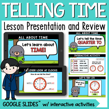 Preview of Reading Analog Clocks and Telling Time Google Slides ™ Math Kindergarten Lesson