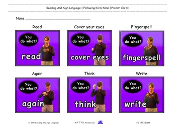 Preview of Reading And Sign Language | Following Directions | Prompt Cards
