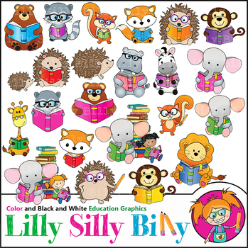 Preview of Reading Animals. Clipart. BLACK AND WHITE & Color Bundle. {Lilly Silly Billy}