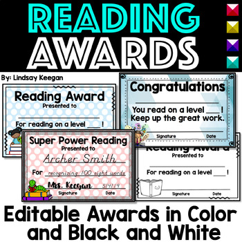 Preview of Reading Awards - Editable Color and Black and White Certificates