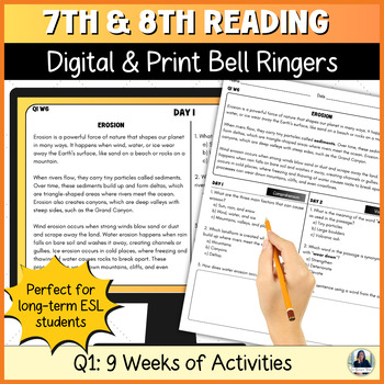 Preview of Reading Bell Ringers for Middle School ELA/ESL for 7th and 8th Grade Quarter 1