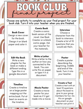 Preview of Reading Book Club Final Project Choice Board (EDITABLE)