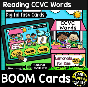 Preview of Reading CCVC Words BOOM Cards:  Summer Lemonade Stand Theme