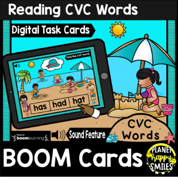 Preview of Reading CVC Words BOOM Cards:  Summer Fun at the Beach Theme