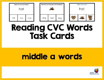 Preview of Reading CVC Words Task Cards (Middle A Words) Easel Activity by Autism Classroom