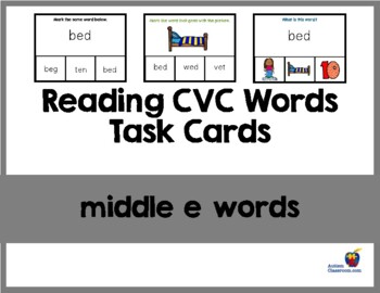 Preview of Reading CVC Words Task Cards (Middle E Words) Easel Activity by Autism Classroom