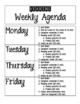 Preview of Reading Center Weekly Agenda