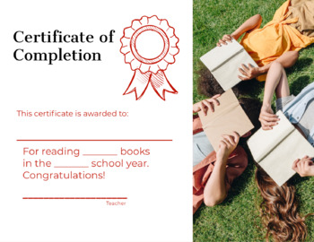 Preview of Reading Certificate of Completion for the 40 Book Challenge Award