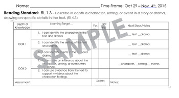 Preview of Reading Checklist RL1.3, RL4.3 Fourth grade Character, Setting, and Events