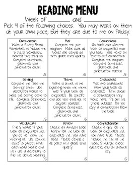 Reading Choice Board- Two Weeks by Absolutely Learning | TPT