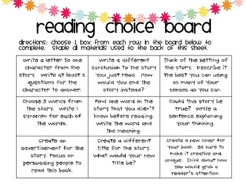reading homework choice board
