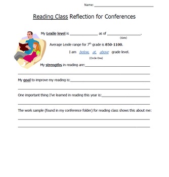 Preview of Reading Class Reflection for Parent/Teacher Conferences