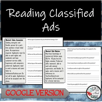 Preview of Reading Classified Ads-Google Version for Distance Learning