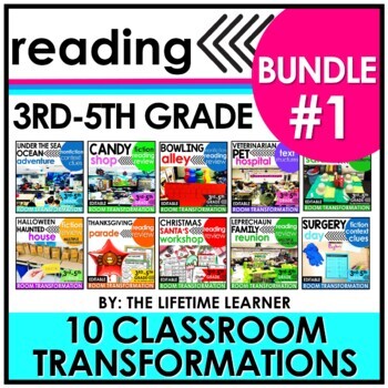 Preview of Reading Classroom Transformation Room Theme Days Reading Comprehension Bundle 1