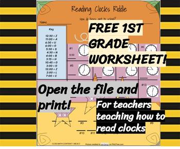 Preview of Reading Clocks Riddle Worksheet FREEBIE 1ST grade FREEBIE