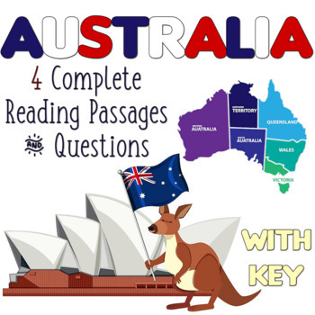 Preview of Reading Comp Passages and Questions "Australia" -  4 TOPICS - Distance Learning