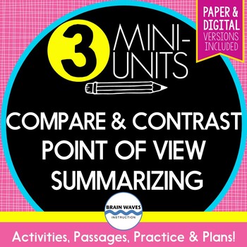 Preview of Reading Skills Compare and Contrast, Summarizing, POV (Paper and Digital)