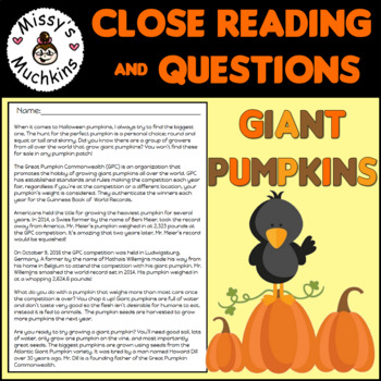 Preview of Reading Comp and Questions - Giant Pumpkins - Halloween - Distance Learning