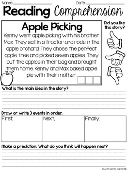 reading comprehension passages main idea sequencing tpt