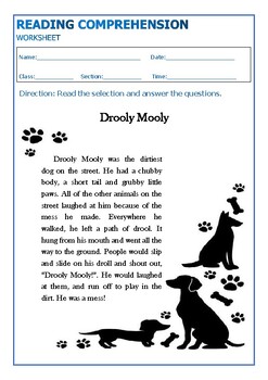 Preview of Reading Comprehension (Drooly Mooly) Activity Worksheet