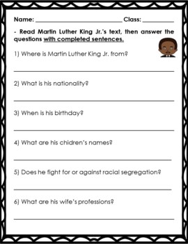 Reading Comprehension: Black History Month (Martin Luther King Jr ...