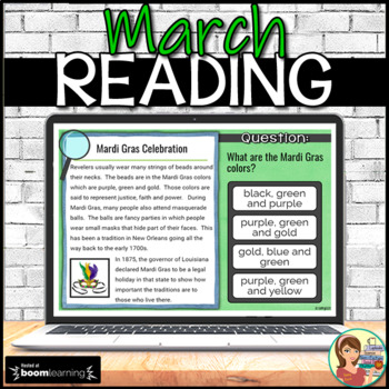 Preview of Reading Comprehension Boom Cards Digital (March passages)