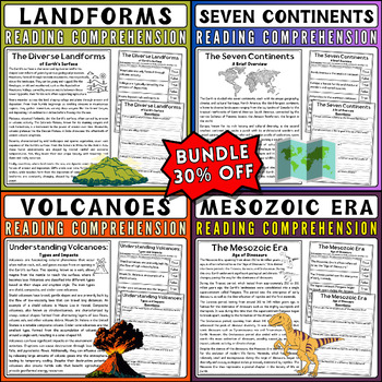 Preview of Reading Comprehension Bundle: Landforms, Volcanoes, Dinosaurs, Continents