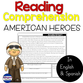 Preview of Reading Comprehension Check in English & Spanish American Heroes DIGITAL