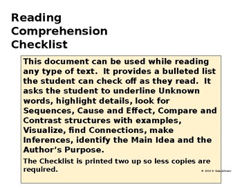 Preview of Reading Comprehension Checklist