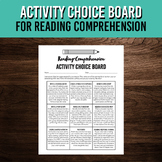 Reading Comprehension Choice Board Printable Activity
