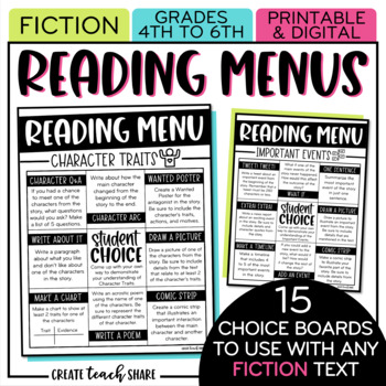 Preview of Reading Comprehension Choice Boards | Reading Response Menus | Fiction