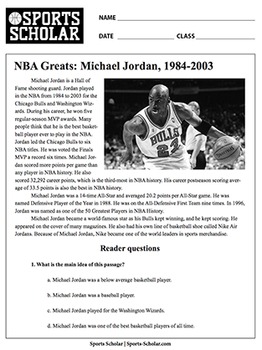 Preview of Reading Comprehension Exercise, Common Core Aligned -- MICHAEL JORDAN