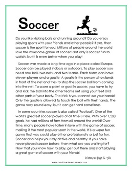 Reading Comprehension - Grade 4 (4th Grade) - Non-fiction Story: Soccer