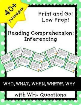 Preview of Reading Comprehension Inferencing Task Cards with WH Questions LOW PREP