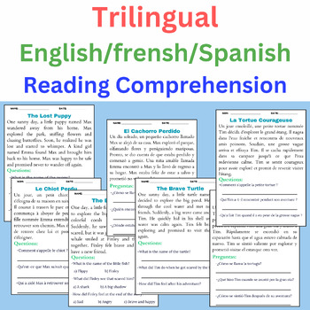 Preview of Reading Comprehension Kindergarten Trilingual English , Frensh and Spanish