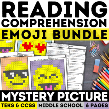 Preview of Emoji Reading Comprehension Mystery Picture Fun ELA Reading Activities 6th 7th