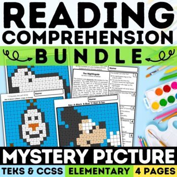 Preview of Reading Comprehension Mystery Picture Bundle Color By Number ELA Fun Activities