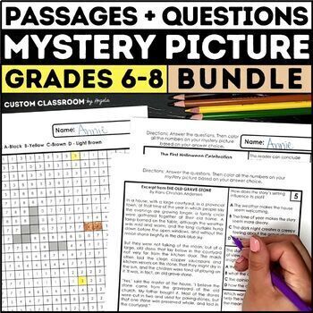Preview of Reading Comprehension Mystery Pictures Fun ELA Activities Middle School Coloring