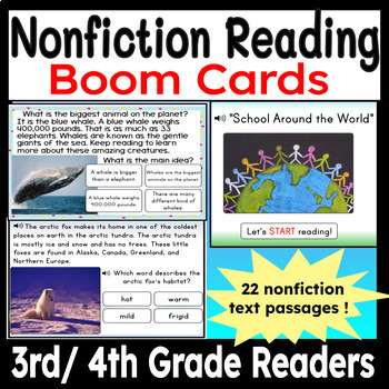 Preview of Reading Comprehension Nonfiction Boom Cards Third and Fourth Grade Passages