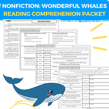 Preview of Reading Comprehension Packet: Nonfiction Passage & Worksheets on Whales