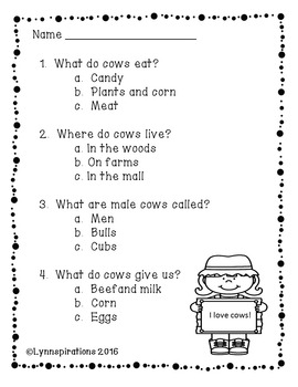 Farm Animals Reading Prehension Passages Grades 1 2 Non