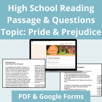 Preview of Reading Comprehension Passage & Questions | Pride & Prejudice | High School