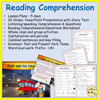 Preview of Reading Comprehension Passage Sentence Word Work Past Present Tense prefix UN